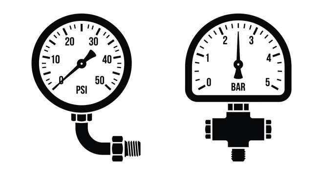 pressure gauge silhouette on white background psi bar measurement instrument black vector graphic industrial equipment monitoring
