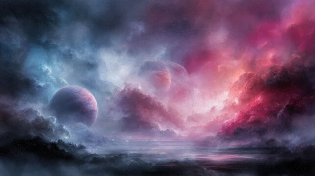 Galactic scene featuring swirling clouds, vibrant colors, and two prominent planets against a cosmic backdrop, evoking a sense of wonder and exploration in outer space,