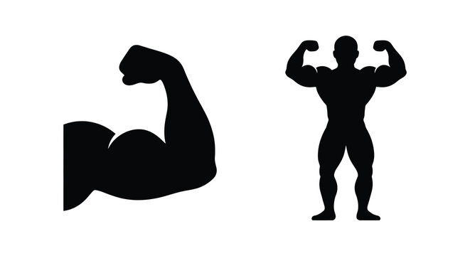 muscular arm and bodybuilder silhouette fitness strength black white background icon graphic design exercise health training