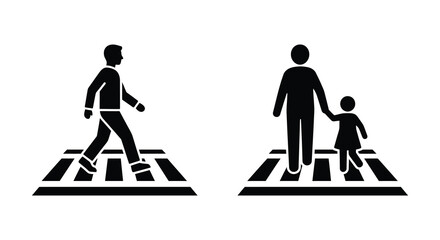 pedestrian crossing figures in black silhouette walkway street safety traffic signage icon symbol vector graphic design © Mithon