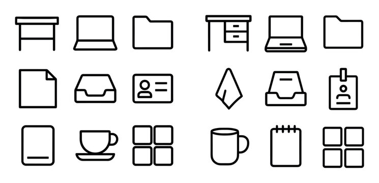 office and documents icon set with desk, laptop and coffee cup for web dashboard design in minimal outline style