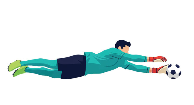 Goalkeeper fully extended in a horizontal dive, fingertips barely touching the ball, dramatic tension, athletic stretch, sharp angular lines, vibrant high-contrast colors, minimalist flat vector