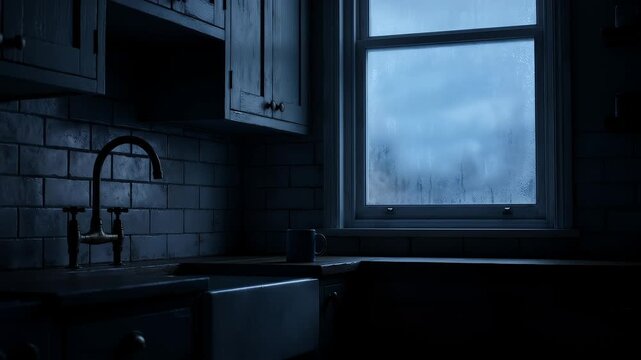 Dark moody kitchen interior of apartment 13 with window view at night. 4K Video