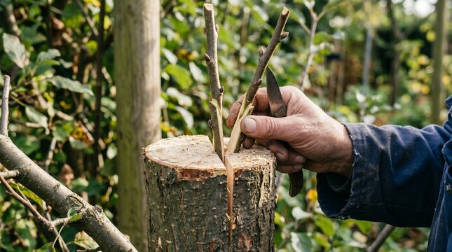 The process of spring grafting of an adult tree in the garden using the split method, close-up of the hands of a gardener with a grafting knife inserting cuttings into a prepared trunk.