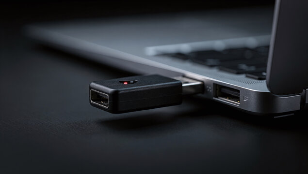 Black hardware security token with a glowing red indicator LED plugged into a laptop USB port