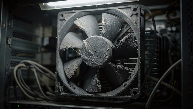 Dirty square plastic cooling fan covered in thick dust and cobwebs inside a computer chassis
