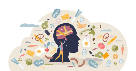 Naklejka na ściany i meble Eating disorders as psychological unhealthy diet illness tiny person concept, transparent background. Excessive weight control and food limitation illustration. Addiction to slimming.