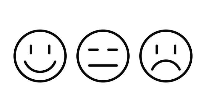 three facial expressions in black line art silhouette expression smile neutral sad face emotion white background