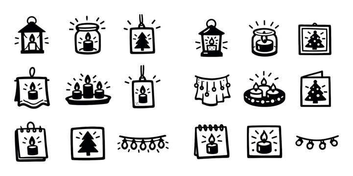 Holiday and candle design icons with lantern, candle and tree for infographic decoration in festive outlined style