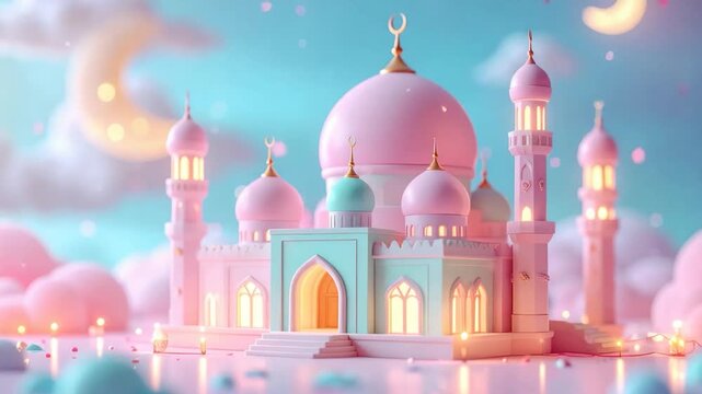 Pastel mosque with domes, minarets, and crescent moon, ethereal sky backdrop