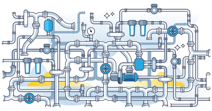 Water piping system with pipe or tube connections outline concept, transparent background. Technical complex plumbing construction maze for drainage, faucet or sewerage.