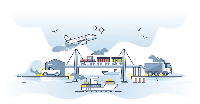 Using transportation and burn fossil fuel with emissions outline concept, transparent background. CO2 pollution from car, truck, ship and plane usage illustration.