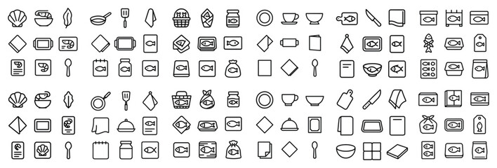 Fototapeta premium Food and kitchen concept icons with spoon bowl jar for mobile app design in minimal outline design