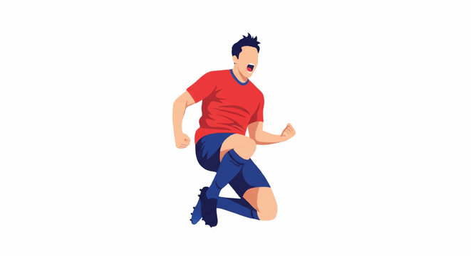 Soccer player jumping in the air with a clenched fist pump celebration, legs tucked, mouth open in a shout of joy, high energy, triumphant mood, solid bold shapes, minimalist flat vector
