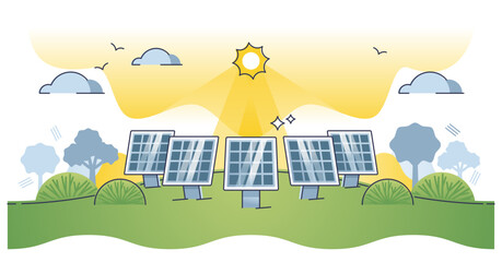 Fototapeta premium Solar farm with sun panels for electricity power production outline concept, transparent background. Alternative energy with ecological solution for clean and sustainable source illustration.