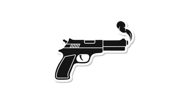 Fired Gun Icon with Smoke - Black Silhouette Isolated on White Background