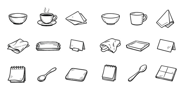 Kitchen and dining vector icons with bowl, cup and spoon for web design in hand drawn illustration style