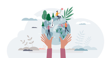Obraz premium Save the planet and environment protection community tiny person concept, transparent background. Ecological lifestyle and vulnerable earth awareness or care illustration.