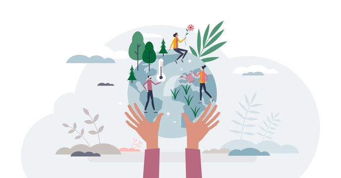 Save the planet and environment protection community tiny person concept, transparent background. Ecological lifestyle and vulnerable earth awareness or care illustration.