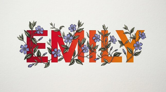 Botanical emily text with purple flowers and red gradient