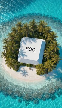 Giant ESC Keyboard Key on Tiny Tropical Paradise Island with Palm Trees and Beach Chairs Surrounded by Turquoise Ocean as Surreal Escape and Freedom from Work Concept