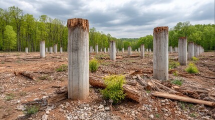 Naklejka premium Abandoned Landscape with Concrete Pillars and Green Trees Beneath Overcast Sky in Rural Area