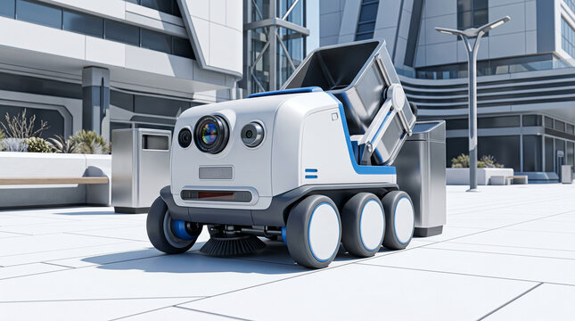 Polished polymer and aluminum robotic service unit with six wheels tilting its integrated container on a clean geometric plaza in a futuristic city.