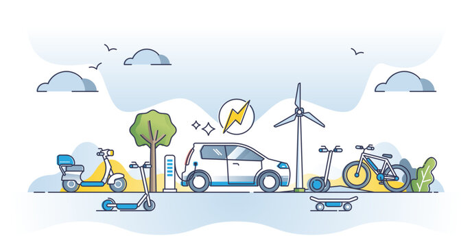 Green transportation using renewable electricity as fuel outline concept, transparent background. Reduce CO2 emissions and use sustainable alternatives illustration. Bicycle, scooters and hybrid cars.