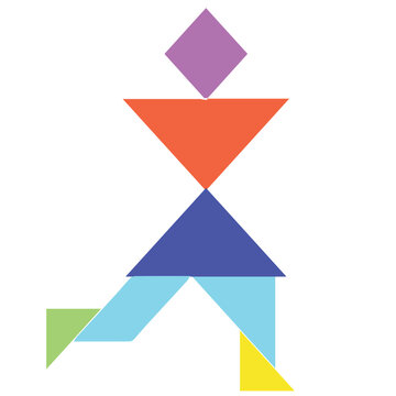 Colorful geometric tangram puzzle conceptualized into a fast-running human silhouette. Clean vector graphic suitable for creative concepts, brainstorming themes, or sports-related designs