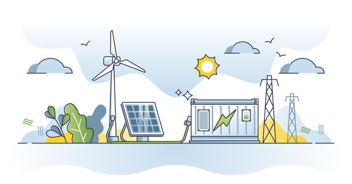 Energy storage system as charging station with batteries outline concept, transparent background. Power accumulation with sustainable and environmental friendly electricity source illustration.