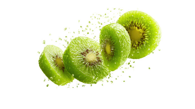 Sliced kiwi fruit pieces floating in air with water droplets and isolated background for healthy nutrition advertising and refreshing summer fruit beverage marketing visual design and
