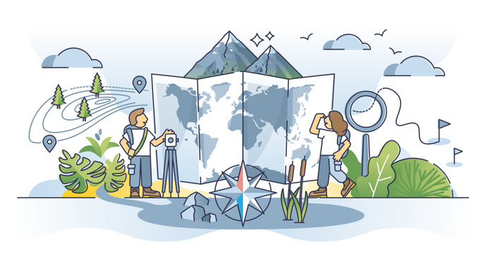 Cartographer occupation with map measurement data outline concept, transparent background.Work with earth atlas information, surface and relief guidance illustration.