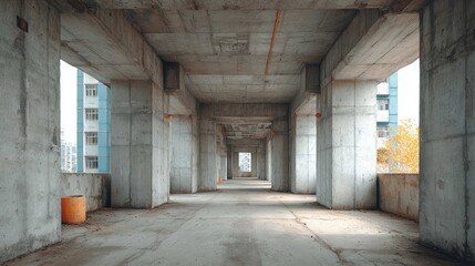 Naklejka premium Modern Industrial Architecture: Empty Concrete Structure with Columns and Open Corridor