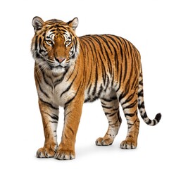 Obraz premium Majestic orange tiger with sharp dark stripes standing confidently against a clean white background captured in high resolution with soft natural lighting and intense golden eyes