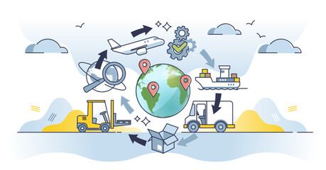 Naklejka premium Strategic sourcing process with global supply channels partnership outline concept, transparent background. Lowest service price reevaluation with cost efficient business model illustration.