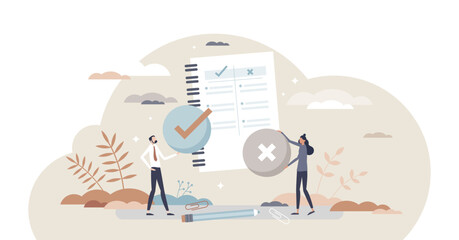 Pros and cons comparison with two choices to compare tiny person concept, transparent background.Planning risk and benefits strategy with argument analysis illustration.