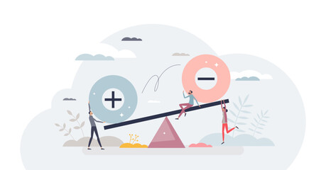 Pros and cons comparison with benefits and risks balance tiny person concept, transparent background. Thinking bad and good options for final decision illustration.
