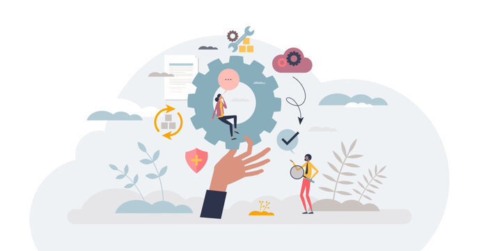 Service provider management as outsource support company tiny person concept, transparent background. MSP network, application, infrastructure and security performance assistance.