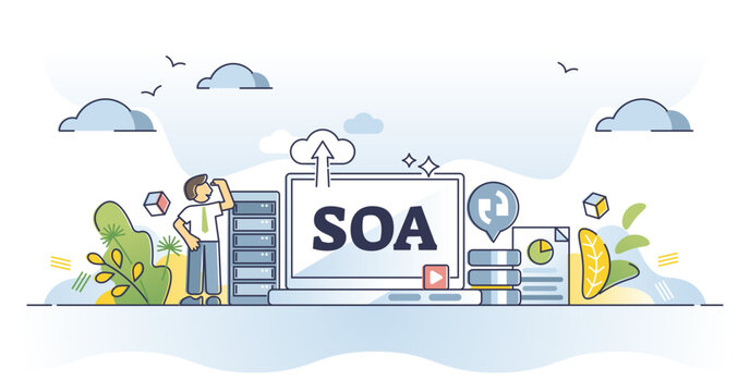 SOA or system oriented architecture for software application outline concept, transparent background. Information technology programming style illustration.
