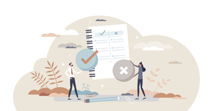 Pros and cons comparison with two choices to compare tiny person concept, transparent background.Planning risk and benefits strategy with argument analysis illustration.