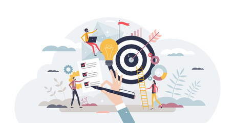 Fototapeta na wymiar Objective achievement or business goal success management tiny person concept, transparent background. Aim and focus for work target illustration. Efficiency and ambition to accomplish perfect result.