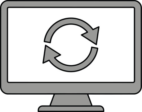 Computer screen update icon, monitor with sync arrows, system reboot vector