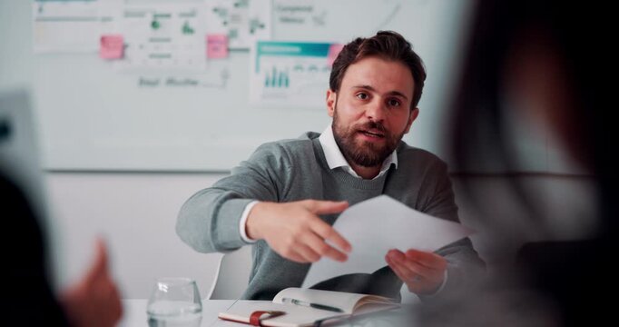 Finance, b2b or man in office with paper, funding idea or budget pitch in partnership meeting. Briefing, investor or data analyst with document, report review or proposal update in collaboration plan