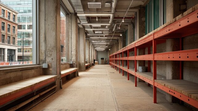 Industrial interior view of modern warehouse space with empty wooden shelves and large windows illuminating the area