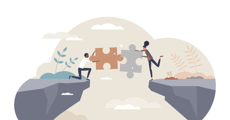 Plakat Bridging the gap and overcome couple relationship problem tiny person concept, transparent background. Communication link and puzzle pieces connection as solution for settlement illustration.