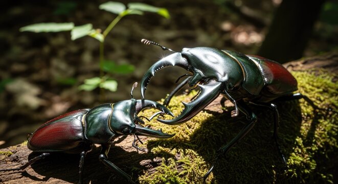 Close up of two stag beetles on a mossy log with sunlight filtering through