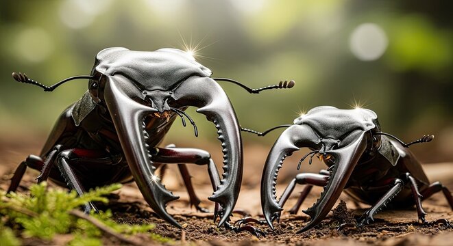 Close up of two large beetles with impressive mandibles against a blurred backdrop