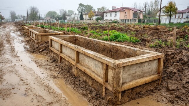Wooden Raised Garden Beds in Moist Soil at an Agricultural Site on a Foggy Day
