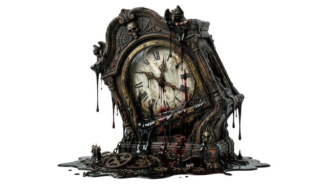 Gothic horror mantle clock with skulls and dripping black liquid isolated on transparent background