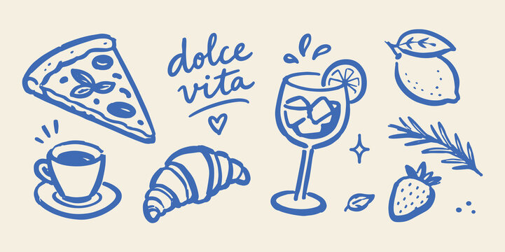 Dolce Vita Cafe Food Sketch Doodle Set Vector